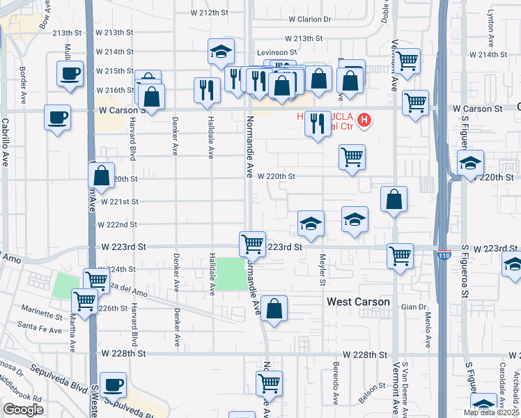 map of restaurants, bars, coffee shops, grocery stores, and more near 22114 Normandie Avenue in Torrance