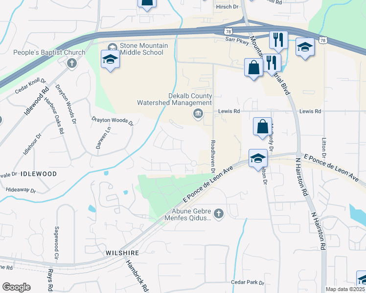 map of restaurants, bars, coffee shops, grocery stores, and more near 1511 Ashbrooke Trace in Stone Mountain