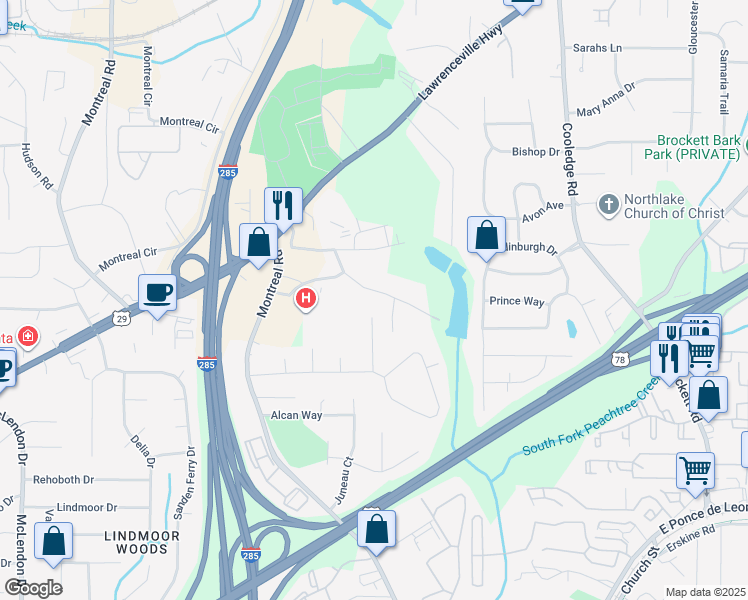 map of restaurants, bars, coffee shops, grocery stores, and more near 3523 Johns Road in Tucker