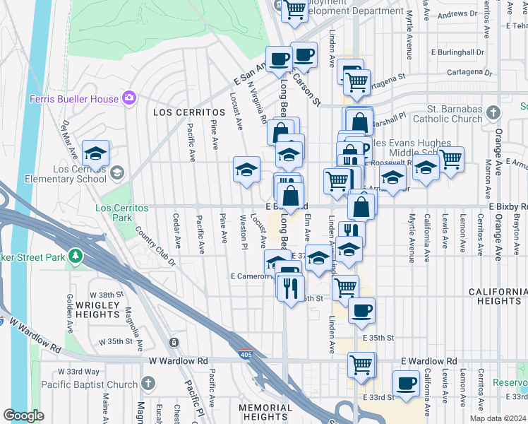 map of restaurants, bars, coffee shops, grocery stores, and more near 230 East Bixby Road in Long Beach