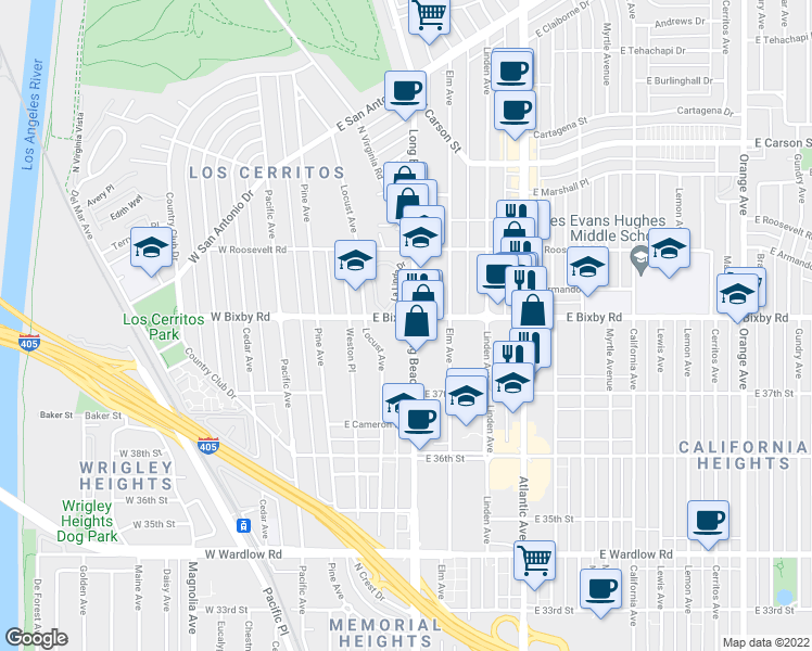 map of restaurants, bars, coffee shops, grocery stores, and more near 3777 Long Beach Boulevard in Long Beach