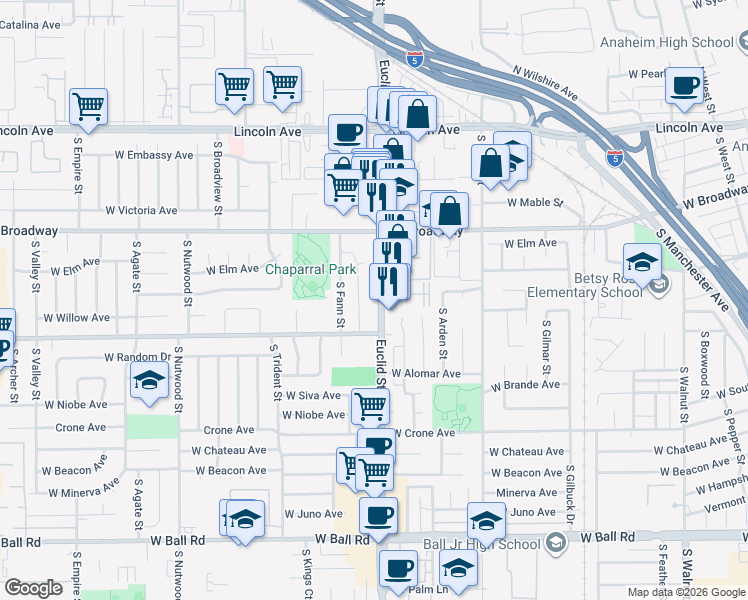 map of restaurants, bars, coffee shops, grocery stores, and more near 441 South Euclid Street in Anaheim