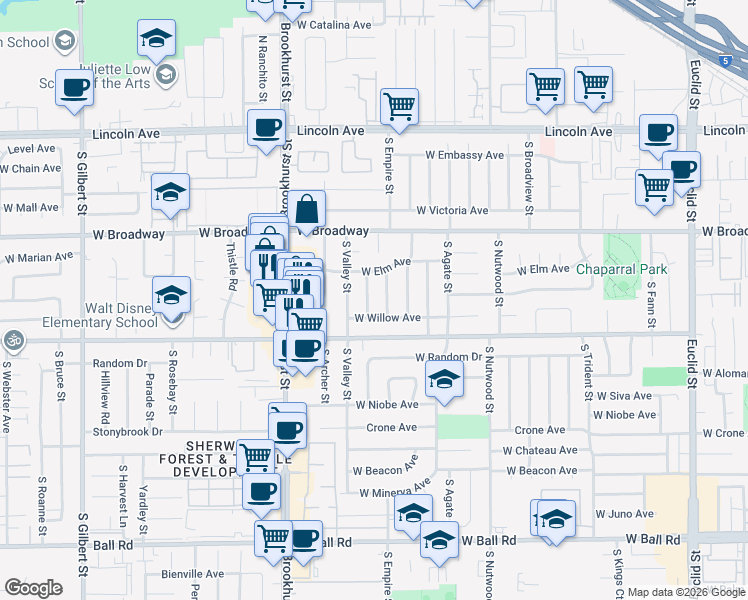 map of restaurants, bars, coffee shops, grocery stores, and more near 417 South Ramona Street in Anaheim