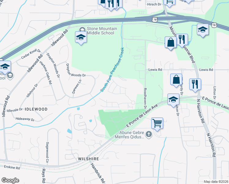 map of restaurants, bars, coffee shops, grocery stores, and more near 1534 Bassett Street in Stone Mountain