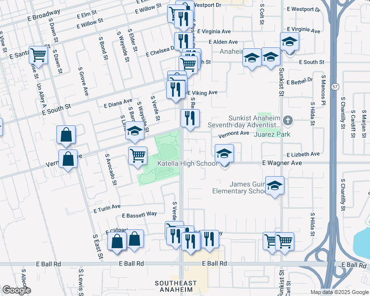 map of restaurants, bars, coffee shops, grocery stores, and more near 2001 East Figwood Lane in Anaheim