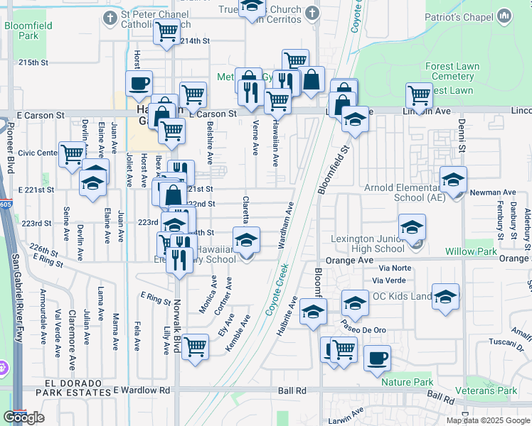 map of restaurants, bars, coffee shops, grocery stores, and more near 12435 223rd St in Hawaiian Gardens