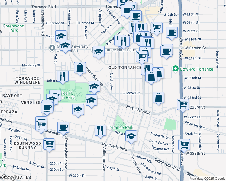 map of restaurants, bars, coffee shops, grocery stores, and more near 2118 Martina Avenue in Torrance