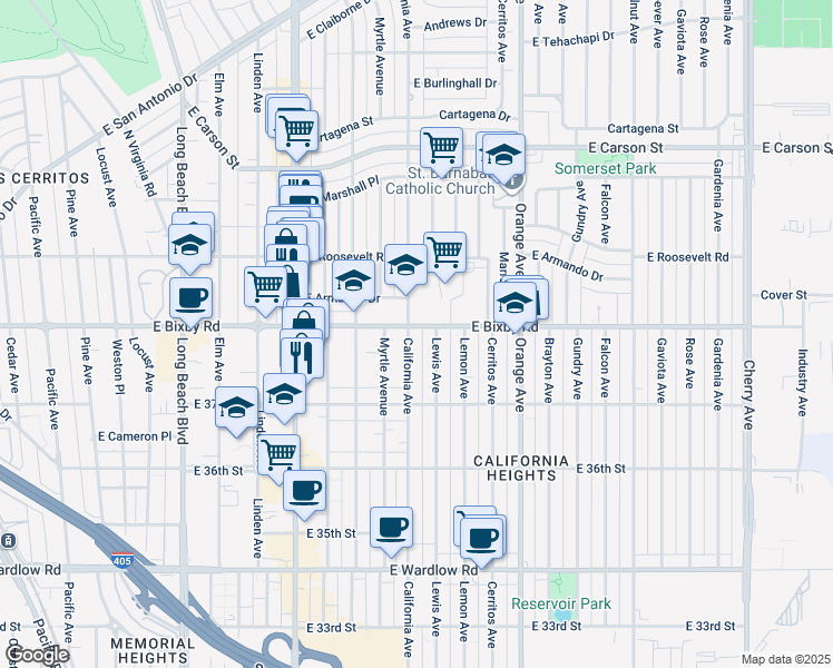 map of restaurants, bars, coffee shops, grocery stores, and more near 3770 California Avenue in Long Beach