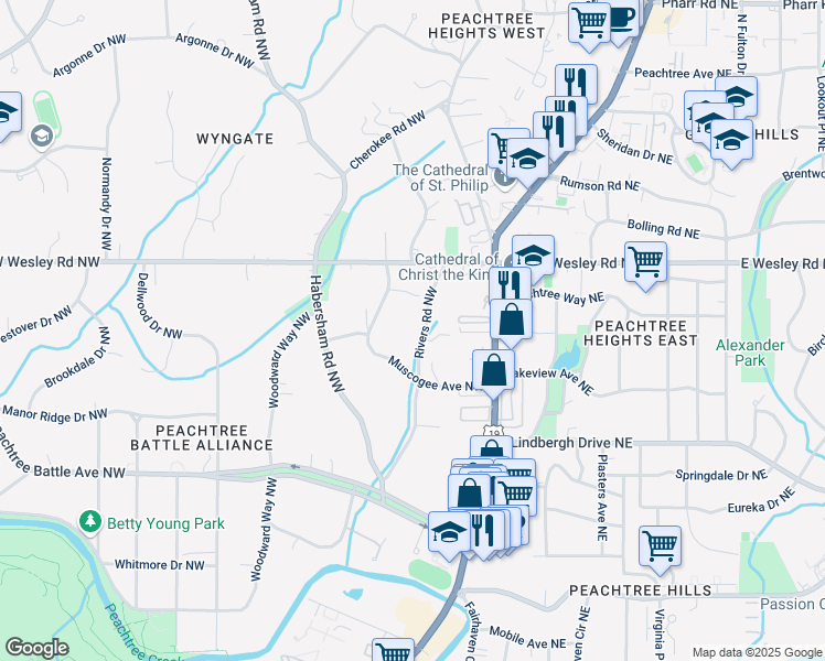 map of restaurants, bars, coffee shops, grocery stores, and more near 2628 Rivers Road Northwest in Atlanta