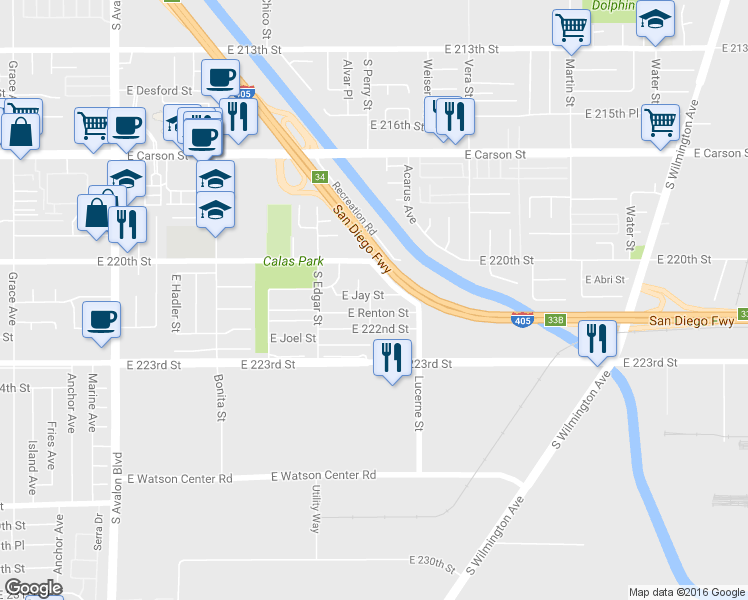 map of restaurants, bars, coffee shops, grocery stores, and more near 1202 East Jay Street in Carson
