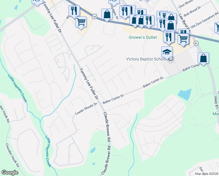 map of restaurants, bars, coffee shops, grocery stores, and more near 1208 Saint James Place in Loganville