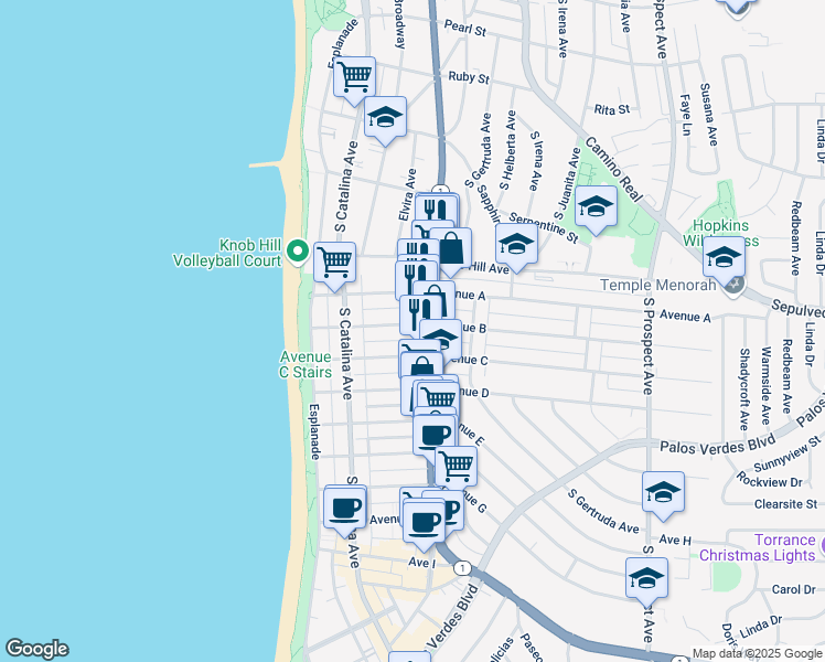 map of restaurants, bars, coffee shops, grocery stores, and more near 230 Avenue B in Redondo Beach