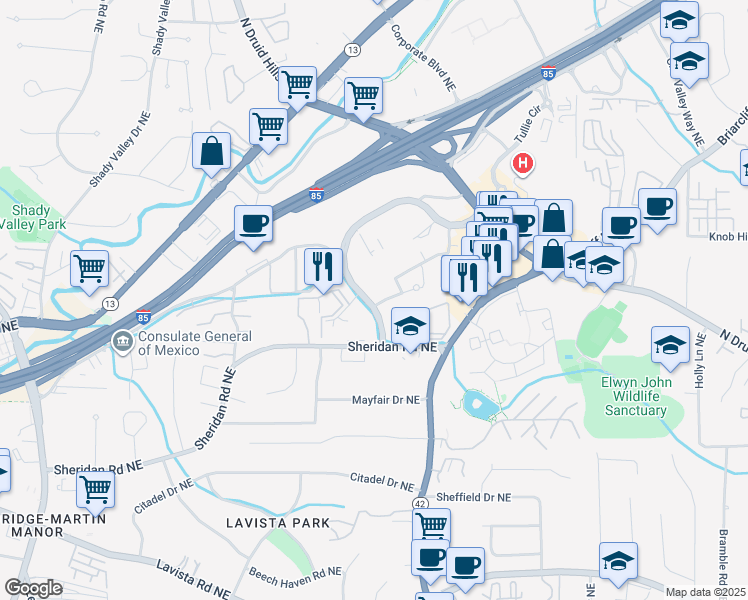 map of restaurants, bars, coffee shops, grocery stores, and more near 2 Executive Park East in Atlanta