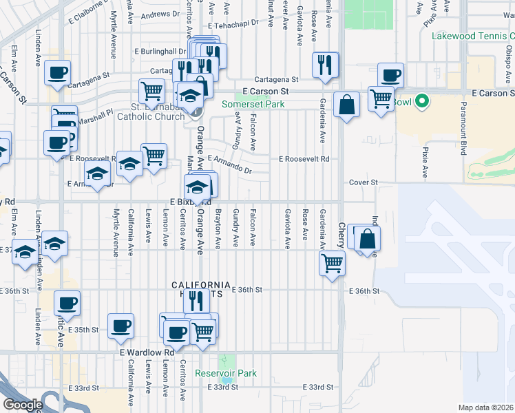 map of restaurants, bars, coffee shops, grocery stores, and more near 3766 Falcon Avenue in Long Beach