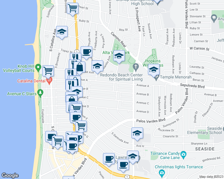 map of restaurants, bars, coffee shops, grocery stores, and more near 751 Avenue B in Redondo Beach