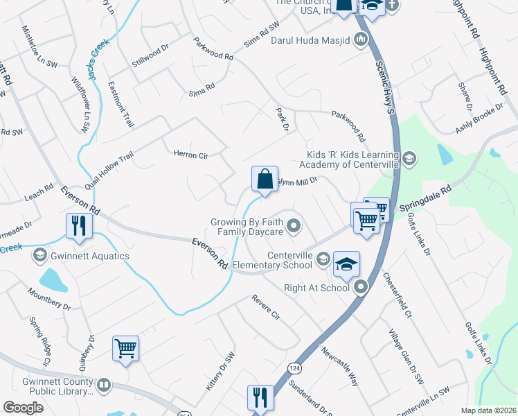 map of restaurants, bars, coffee shops, grocery stores, and more near 2961 Glynn Creek Court in Snellville