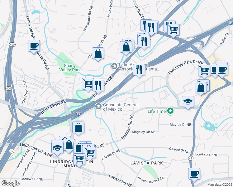 map of restaurants, bars, coffee shops, grocery stores, and more near 1680 Chantilly Drive Northeast in Atlanta