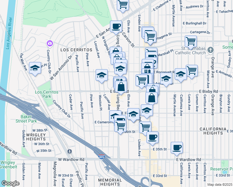 map of restaurants, bars, coffee shops, grocery stores, and more near 3777 Long Beach Boulevard in Long Beach