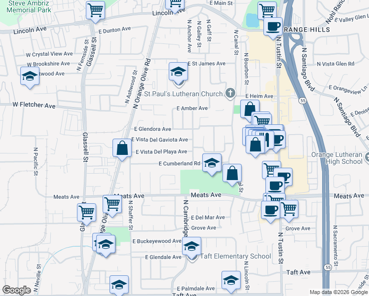 map of restaurants, bars, coffee shops, grocery stores, and more near 915 East Vista Del Playa Avenue in Orange