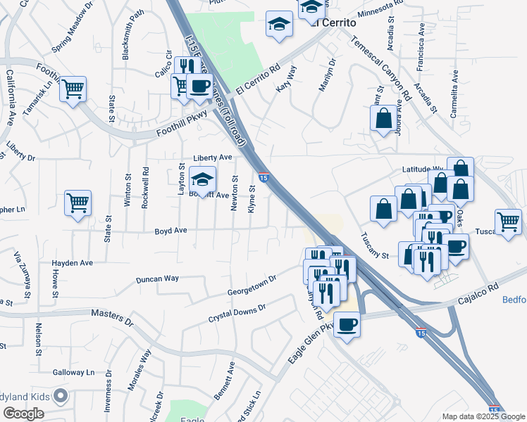 map of restaurants, bars, coffee shops, grocery stores, and more near 20171 Corona Street in Corona