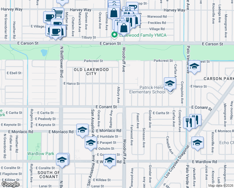 map of restaurants, bars, coffee shops, grocery stores, and more near 3749 Albury Avenue in Long Beach