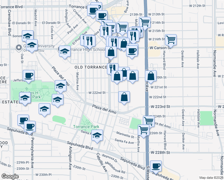 map of restaurants, bars, coffee shops, grocery stores, and more near 2118 Cabrillo Avenue in Torrance