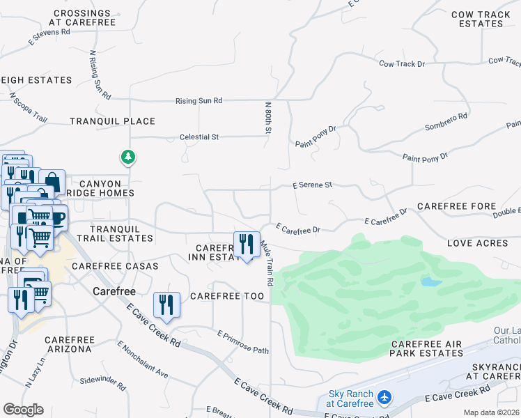 map of restaurants, bars, coffee shops, grocery stores, and more near 37626 Mule Train Road in Scottsdale