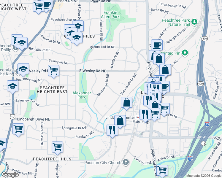 map of restaurants, bars, coffee shops, grocery stores, and more near 2631 Arlene Way Northeast in Atlanta