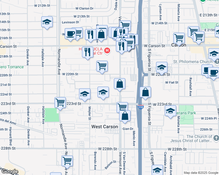 map of restaurants, bars, coffee shops, grocery stores, and more near 22113 Vermont Avenue in Torrance