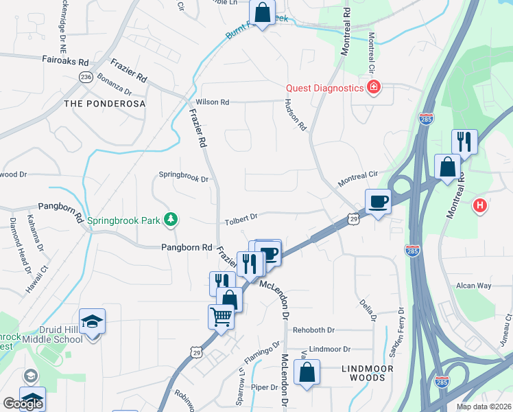 map of restaurants, bars, coffee shops, grocery stores, and more near 3096 Tolbert Drive in Decatur