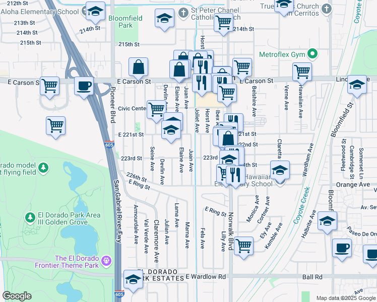 map of restaurants, bars, coffee shops, grocery stores, and more near 22211 Juan Avenue in Hawaiian Gardens