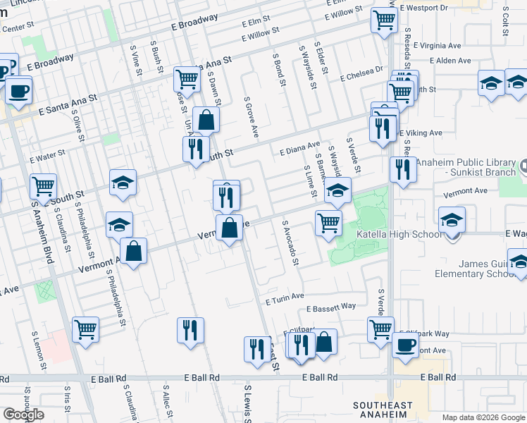 map of restaurants, bars, coffee shops, grocery stores, and more near 1245 East Hampshire Avenue in Anaheim