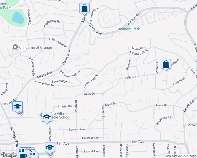 map of restaurants, bars, coffee shops, grocery stores, and more near 18472 Rosenau Drive in Villa Park