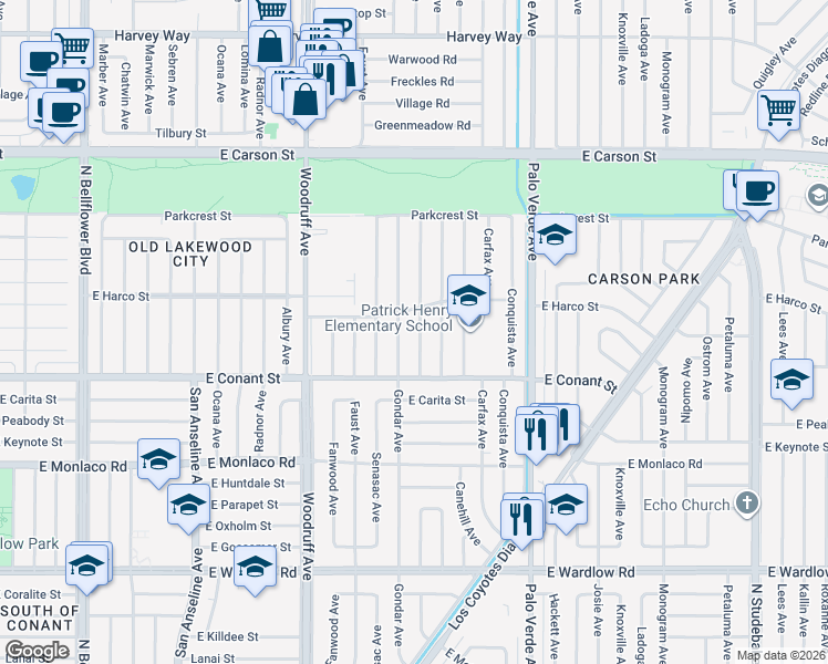 map of restaurants, bars, coffee shops, grocery stores, and more near 3751 McNab Avenue in Long Beach