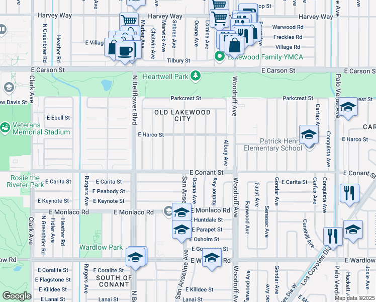 map of restaurants, bars, coffee shops, grocery stores, and more near 3748 San Anseline Avenue in Long Beach