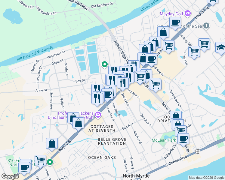 map of restaurants, bars, coffee shops, grocery stores, and more near 200 Highway 17 South in North Myrtle Beach