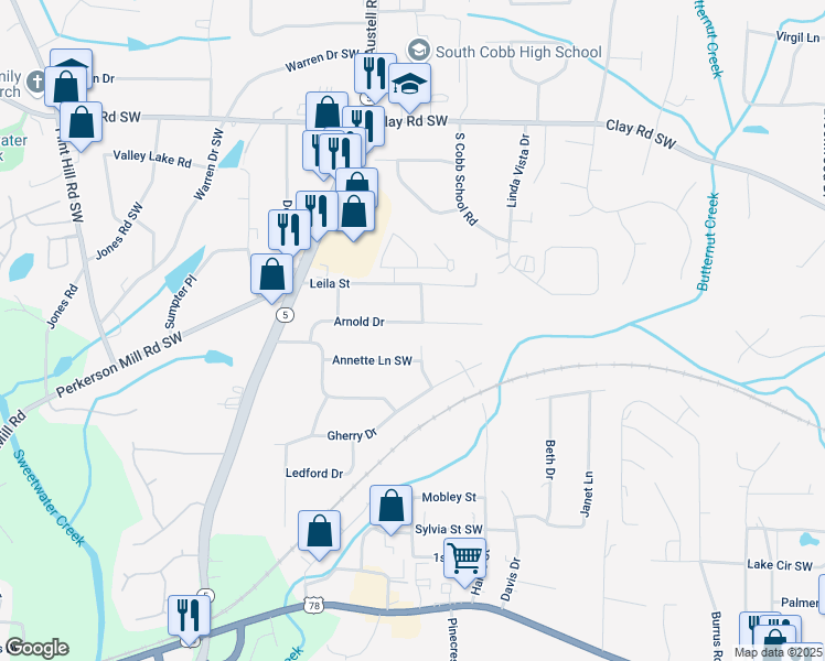 map of restaurants, bars, coffee shops, grocery stores, and more near 1901 Arnold Drive in Austell