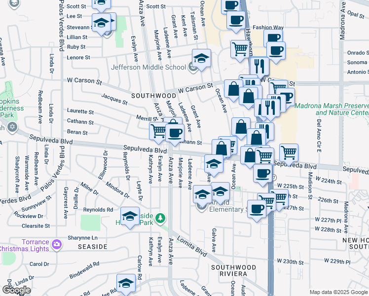 map of restaurants, bars, coffee shops, grocery stores, and more near 4313 Sepulveda Boulevard in Torrance