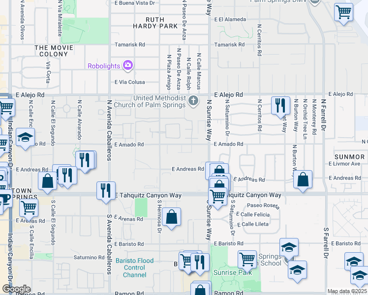 map of restaurants, bars, coffee shops, grocery stores, and more near 1341 East Amado Road in Palm Springs