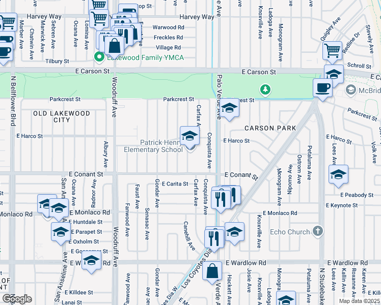 map of restaurants, bars, coffee shops, grocery stores, and more near 3720 Canehill Avenue in Long Beach