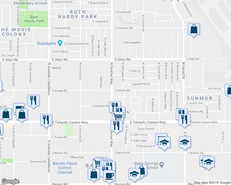 map of restaurants, bars, coffee shops, grocery stores, and more near 1733 East Amado Road in Palm Springs