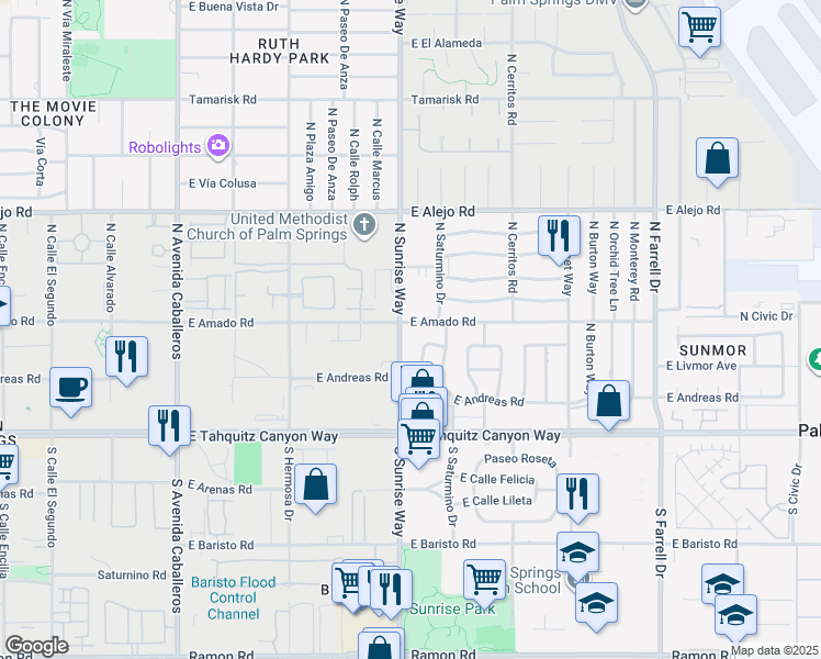 map of restaurants, bars, coffee shops, grocery stores, and more near 1733 East Amado Road in Palm Springs