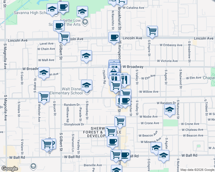 map of restaurants, bars, coffee shops, grocery stores, and more near 471 South Brookhurst Street in Anaheim