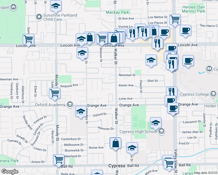 map of restaurants, bars, coffee shops, grocery stores, and more near 5437 Vista Fortuna in Cypress