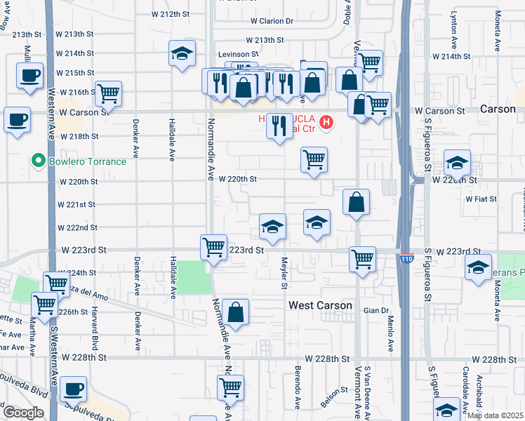 map of restaurants, bars, coffee shops, grocery stores, and more near 1135 West Jay Street in Torrance