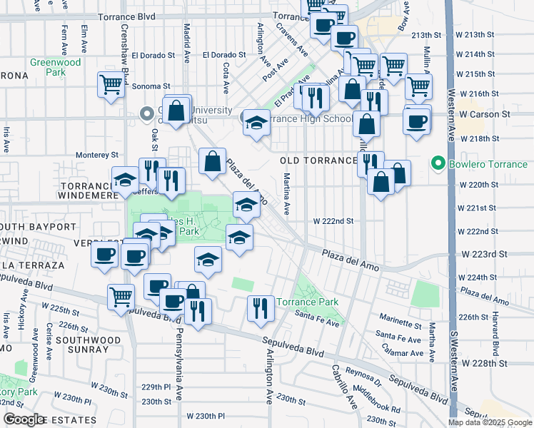 map of restaurants, bars, coffee shops, grocery stores, and more near 2160 Plaza del Amo in Torrance