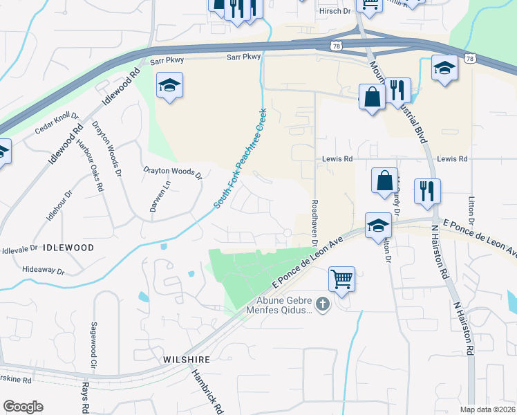 map of restaurants, bars, coffee shops, grocery stores, and more near 1534 Bassett Street in Stone Mountain