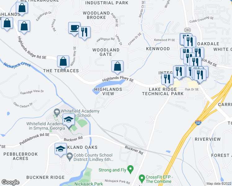 map of restaurants, bars, coffee shops, grocery stores, and more near 1788 Highlands View Drive in Smyrna