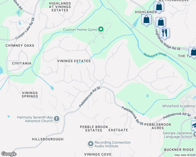 map of restaurants, bars, coffee shops, grocery stores, and more near 5279 Whitehaven Park Lane in Mableton