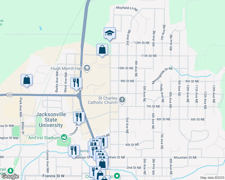 map of restaurants, bars, coffee shops, grocery stores, and more near 803 Church Avenue Northeast in Jacksonville